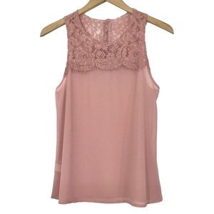 Sheer Lace Sleeveless Tank Top Blouse Size S Back Buttons Mauve Pink NEW